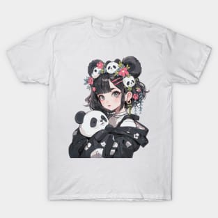 Manga Girl Cuddling A Panda T-Shirt